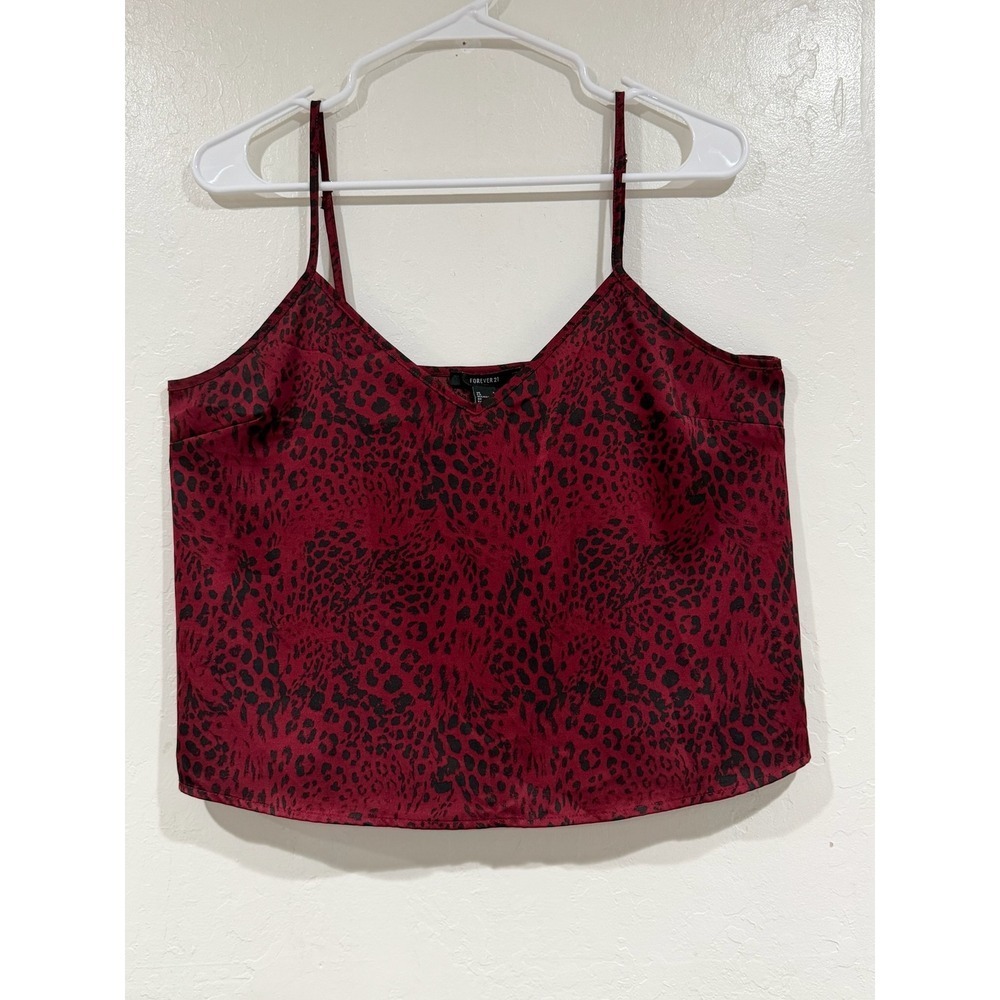 Forever 21 Womens Burgundy Leopard Print Satin V-Neck Camisole Cami Top Large - Picture 2 of 6